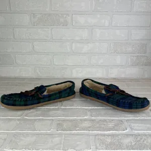 J Crew Slippers Womens 8 Green Blue Plaid Faux Shearling Fur Lining Moccasin thumbnail 9
