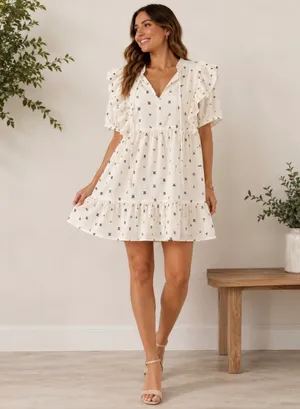 Umgee Ruffle Sleeve Bow Print Mini Babydoll Dress thumbnail 2