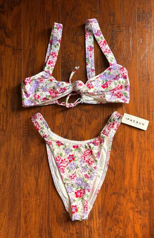 Pacsun Eco White Floral Olivia High Cut Bikini Bottom thumbnail 1