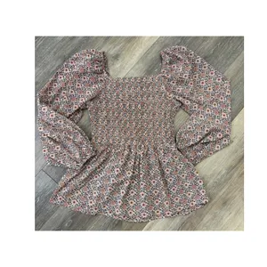 Hayden Smocked Floral Peplum Blouse Large Boho Puff Sleeve thumbnail 7