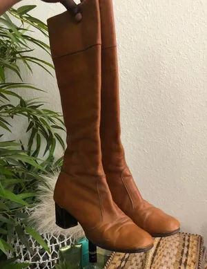 Vintage 90s Golden Brown Tan leather knee-high riding boho equestrian boots kitten heels hippie indie thumbnail 2