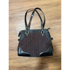 Etienne Aigner Monogram Shoulder Bag Brown Black Tote Purse AS IS Read thumbnail 2