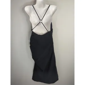 Zara Black Ruched Side Midi Dress Strapy High Slit‎ Women's Large Party Cocktail thumbnail 7