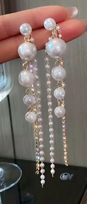Faux Pearl Shiny Rhinestone Chain Tassel Design Dangle Earrings Elegant‎ thumbnail 1