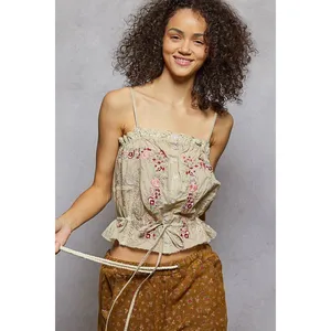 POL Button Down Floral Embroidered Cropped Cami with Lace Detail - Large‎ thumbnail 2