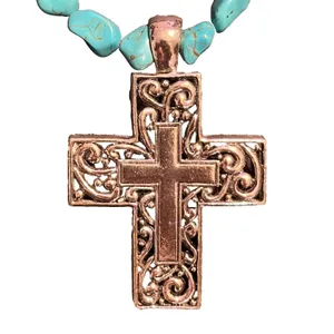 Necklace Matching Earrings Turquoise Beads Silver Cross Jewelry Set Boho Western thumbnail 2