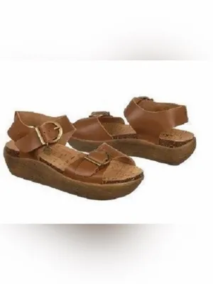 Kickers Tan Leather Cork Slide Sandals with Brass Buckles thumbnail 2