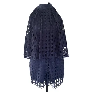 Navy Blue Eyelet‎ Lace Halter Romper High Neck Open Back Scalloped Hem Navy 0236 thumbnail 3