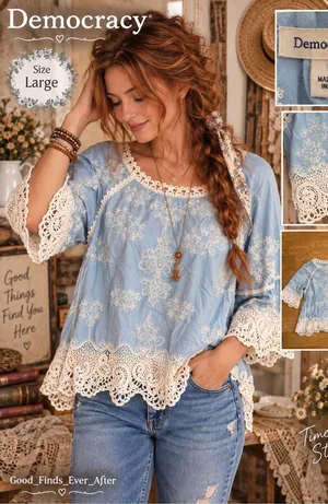 L - Democracy - Light Blue Boho Tunic with Cream Crochet Trim thumbnail 1