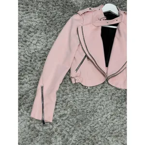 Zara Women’s Pink Cropped Moto Jacket Asymmetric Zip Biker Jacket Size XS thumbnail 3
