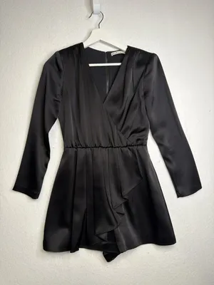 Alice + Olivia Demo Long Sleeve Satin Romper with Ruffle Detail thumbnail 3