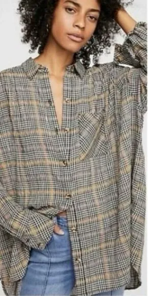 Free People Break My Stride Oversized Plaid Long Sleeve Button Up Shirt Size XS thumbnail 1