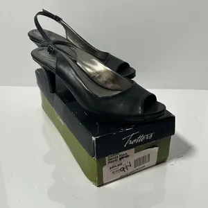 Trotters Omega Black Leather Slingback Peep Toe‎ Kitten Heels Pumps 9N thumbnail 2