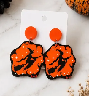 NEW Halloween Flying Witch Orange Acrylic Dangle Earrings Spooky Fall thumbnail 1