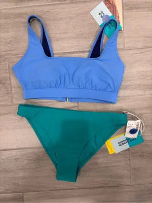 Fair Harbor Blue Crop Bikini Top & Teal Bikini Bottom Set size‎ Small thumbnail 2