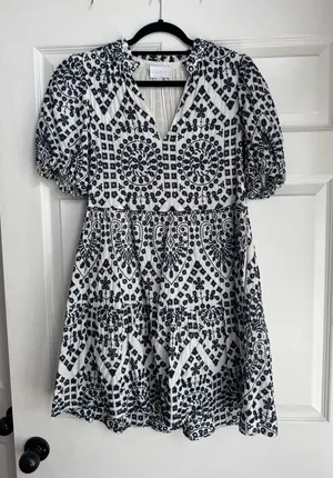 Embroidered Navy and White Tiered Mini Dress thumbnail 1