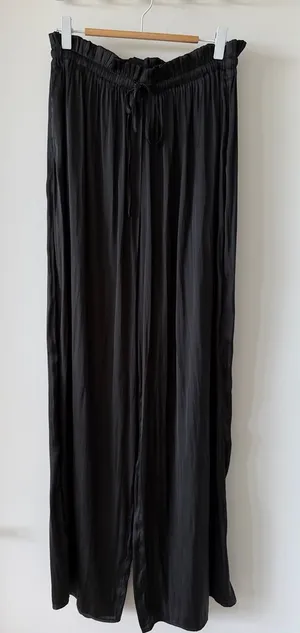 Pookie & Sebastian Black Wide-Leg Drawstring Satin Pants thumbnail 1