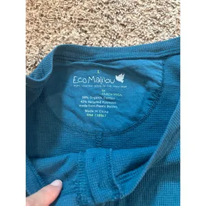 Eco Malibu Earth Yoga Womens Teal‎ Blue Organic Cotton Waffle Knit Henley Top L thumbnail 4
