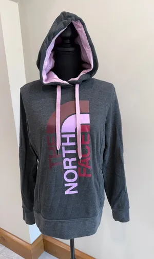 The North Face Hoodie Womens Medium Gray Purple Pullover Pockets Vertical Logo M thumbnail 1