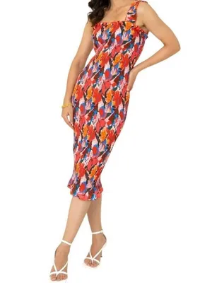 SNDYS Revolve Red Floral Smocked Midi Dress Bodycon Square Neck Ruffle thumbnail 8