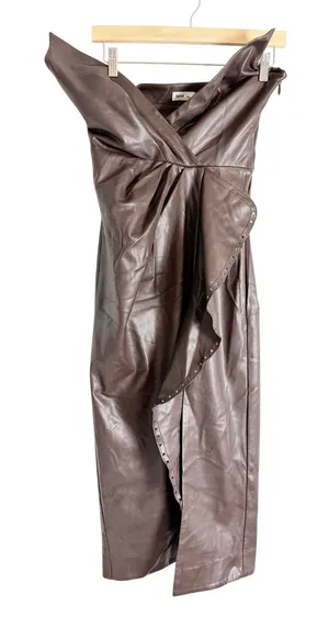 Simkhai Carkee Brown Faux Leather Faux Wrap Draped Strapless Midi Dress Small thumbnail 1