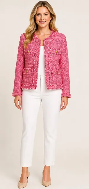 Saks Fifth Avenue Tweed Jacket XS Pink Frayed Trim Open Front Blazer thumbnail 1