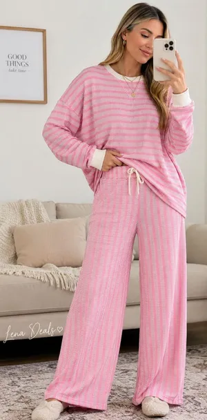 Zenana Raised Rib Striped Pullover & Wide Leg Pants Set Womens Lt Pink Sz Medium thumbnail 1