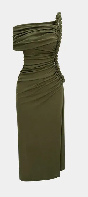 Cream Asymmetrical Shoulder Ruched Twist Maxi Dress thumbnail 1