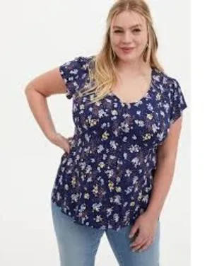 Torrid Womens Floral Print V-Neck Top Size 0 Blue/Multicolor Short Sleeve thumbnail 2