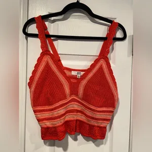 Steve Madden NWT Madden NYC Size XL Orange Coral Stripe Crochet Crop Top V Neck Adjustable thumbnail 1