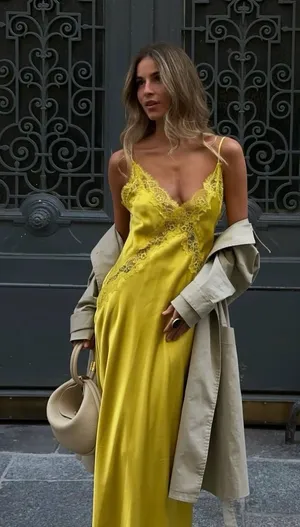 Zara Lace-Trim Slip Satin Maxi Dress in Mustard Chartreuse Yellow thumbnail 1