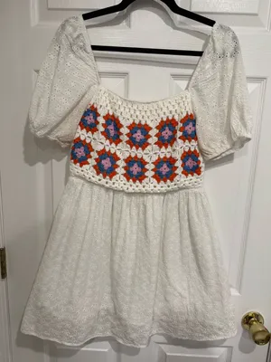 White Eyelet Mini Dress with‎ Colorful Crochet Bodice thumbnail 1