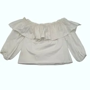 Alexis Off Shoulder Ruffle Cotton Poplin Blouse White Cropped Top XS thumbnail 3