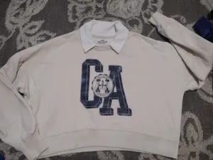 Hollister White Crewneck Sweatershirt With Collar with Navy 'CA' Graphic thumbnail 1