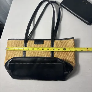 Cole Haan Purse &‎ Wallet Woven Straw Black Faux Leather Shoulder Floral Accents thumbnail 8