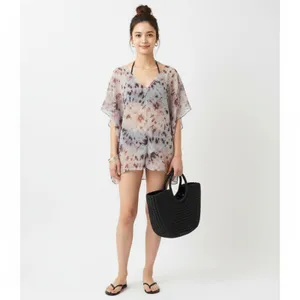 Rachel Roy Woman's Gray Floral Silk Print Swim Cover Up Blouse Top NEW L thumbnail 12