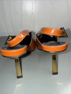 Ding Xiang Pointed Patent Slingback Heels in Cognac by thumbnail 6