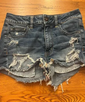 American Eagle Outfitters Distressed Lace-Trim Denim Shorts - Blue thumbnail 1