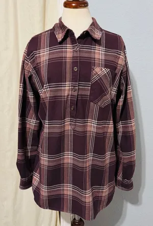 Carhartt 100% Heavy Coton Womens Burgundy Plaid‎ Flannel Henley Popover Size L thumbnail 1