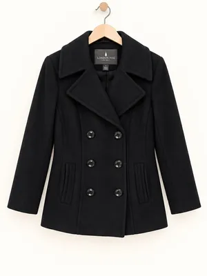 London Fog Black Double Breasted Wool Blend Longline Minimalist Pea Coat Small thumbnail 4