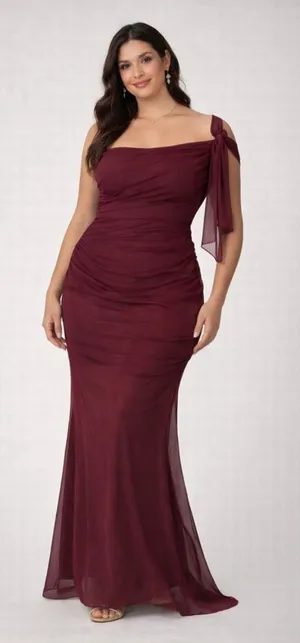 Curvy sweet One-Shoulder Bordeaux Evening Gown with Draped Sash thumbnail 1
