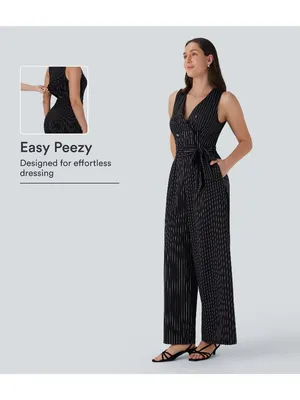 Halara V Neck Belted Stripe InstantCool Jumpsuit Pockets-Easy Peezy Black M thumbnail 2