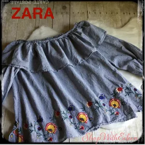 ZARA Gingham Embroidered Off The Shoulder top thumbnail 2