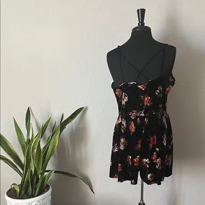 Floral Velour Velvet Black Sleeveless Cross Back Women's Romper thumbnail 3