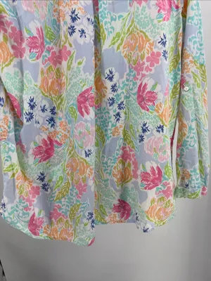 J. Jill Floral Watercolor Tunic in Blue, Pink, Green cotton roll tab sleeves M thumbnail 4