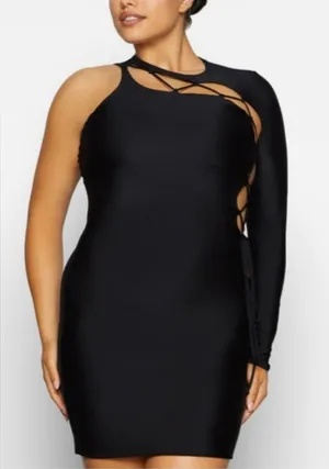 Skims Lace Up Mini Dress Black Onyx One Shoulder Bodycon Stretch Size Small thumbnail 1