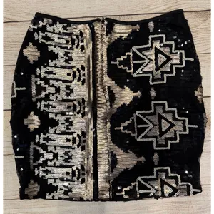 Express Adrienne Women's Aztec Sequin Mini Skirt Black w/ Gold Silver Stretchy Medium thumbnail 2
