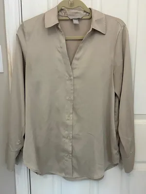 H&M Silky V-Neck Button Down Blouse in Light Taupe thumbnail 6