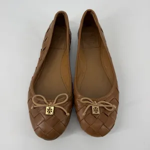 Tory‎ Burch Carlyle Woven Leather Ballet Flats Brown Bow Logo Women's 7M thumbnail 2