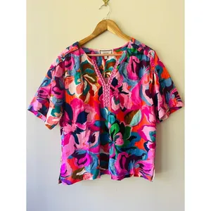 Johnny Was Sz L Ruffe Seam V Neck Blouse Top Embroidered placket floral thumbnail 2